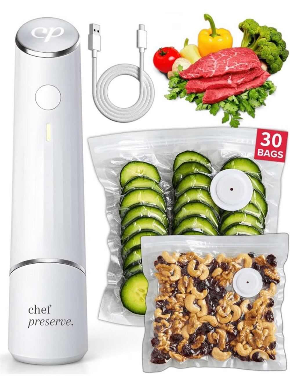 Compact Handheld Vacuum Sealer Machine with 30 Reusable Bags - Food Saver & Meal